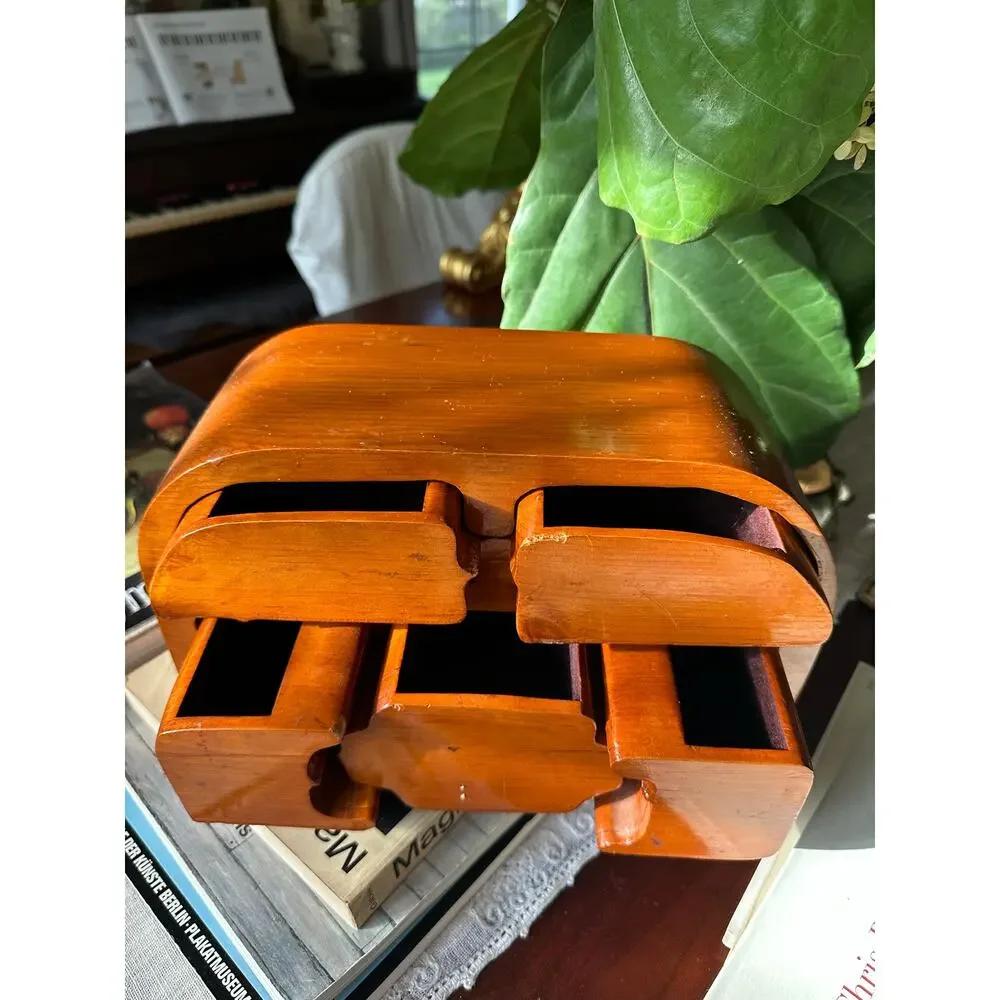 Vintage Wooden Jewelry Trinket Box Handmade Wave Artisan Wood unique puzzleREAD